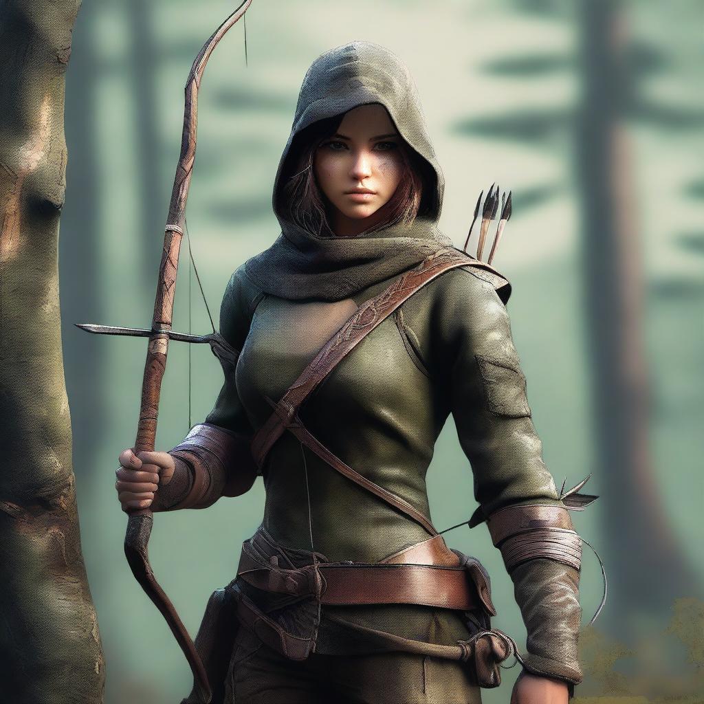 A stunning digital art image of a human ranger, poised with a bow and arrow, ready for action