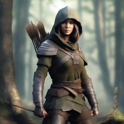 A stunning digital art image of a human ranger, poised with a bow and arrow, ready for action