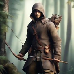 A stunning digital art image of a human ranger, poised with a bow and arrow, ready for action