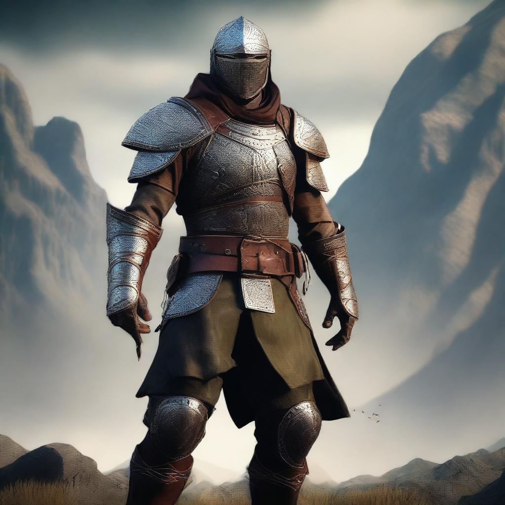 A high-quality digital art image of a human ranger, donned in studded leather armor, standing tall and ready for battle