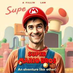 An imaginative movie poster depicting Jude Law portraying Super Mario Bros in a 1950s film style