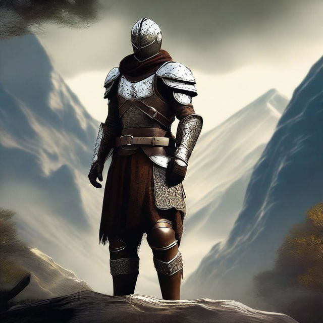 A high-quality digital art image of a human ranger, donned in studded leather armor, standing tall and ready for battle