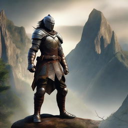 A high-quality digital art image of a human ranger, donned in studded leather armor, standing tall and ready for battle