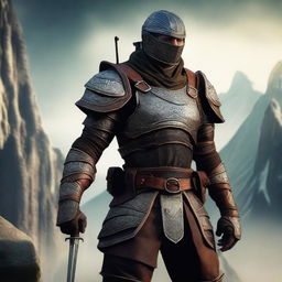 A high-quality digital art image of a human ranger, donned in studded leather armor, standing tall and ready for battle