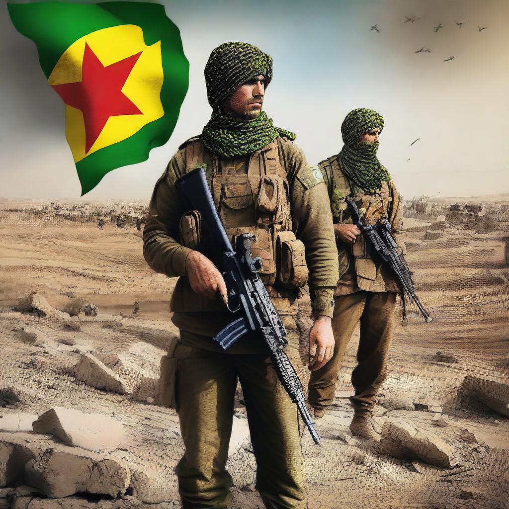 A digital art piece showcasing Kurdish YPG fighters in a state of readiness