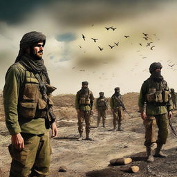 A digital art piece showcasing Kurdish YPG fighters in a state of readiness