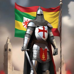 A striking digital art piece showing a Knight Templar standing majestically with the Rojava flag billowing in the background