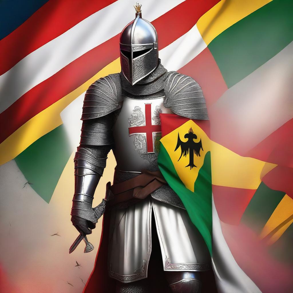 A striking digital art piece showing a Knight Templar standing majestically with the Rojava flag billowing in the background