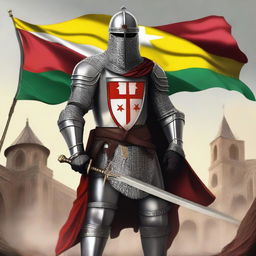 A striking digital art piece showing a Knight Templar standing majestically with the Rojava flag billowing in the background