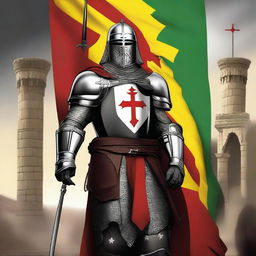 A striking digital art piece showing a Knight Templar standing majestically with the Rojava flag billowing in the background