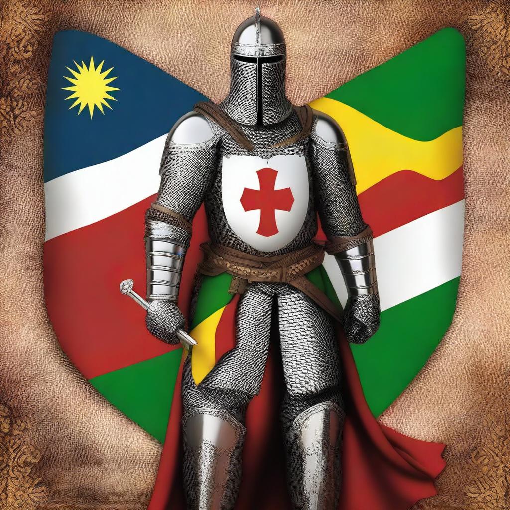 A high-quality digital art representation of a Knight Templar standing proudly in front of the Kurdistan flag