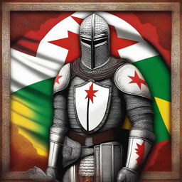 A high-quality digital art representation of a Knight Templar standing proudly in front of the Kurdistan flag