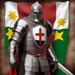 A high-quality digital art representation of a Knight Templar standing proudly in front of the Kurdistan flag