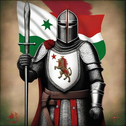 A high-quality digital art representation of a Knight Templar standing proudly in front of the Kurdistan flag