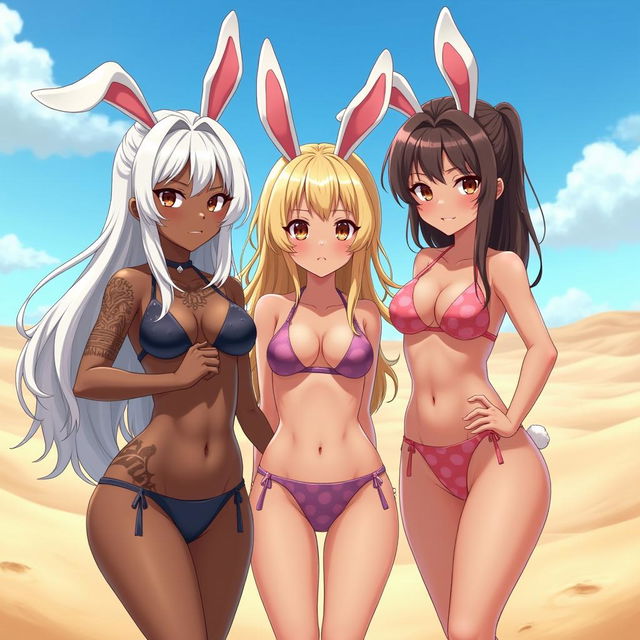 A group of three stunning anime girls in sexy bikinis standing confidently in a vast desert world under a large, clear blue sky