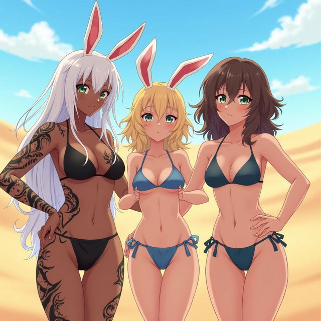 A group of three stunning anime girls in sexy bikinis standing confidently in a vast desert world under a large, clear blue sky