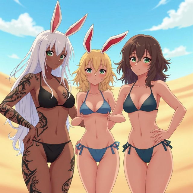 A group of three stunning anime girls in sexy bikinis standing confidently in a vast desert world