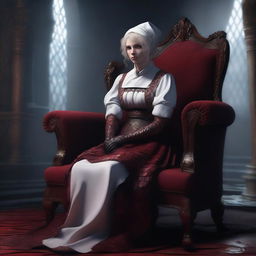 A high-quality digital art image showcasing a medieval nurse with a bloodstained apron, sitting on an oversized chair made entirely of dragon scales