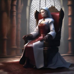 A high-quality digital art image showcasing a medieval nurse with a bloodstained apron, sitting on an oversized chair made entirely of dragon scales