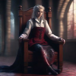 A high-quality digital art image showcasing a medieval nurse with a bloodstained apron, sitting on an oversized chair made entirely of dragon scales