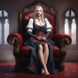 A high-quality digital art image showcasing a medieval nurse with a bloodstained apron, sitting on an oversized chair made entirely of dragon scales