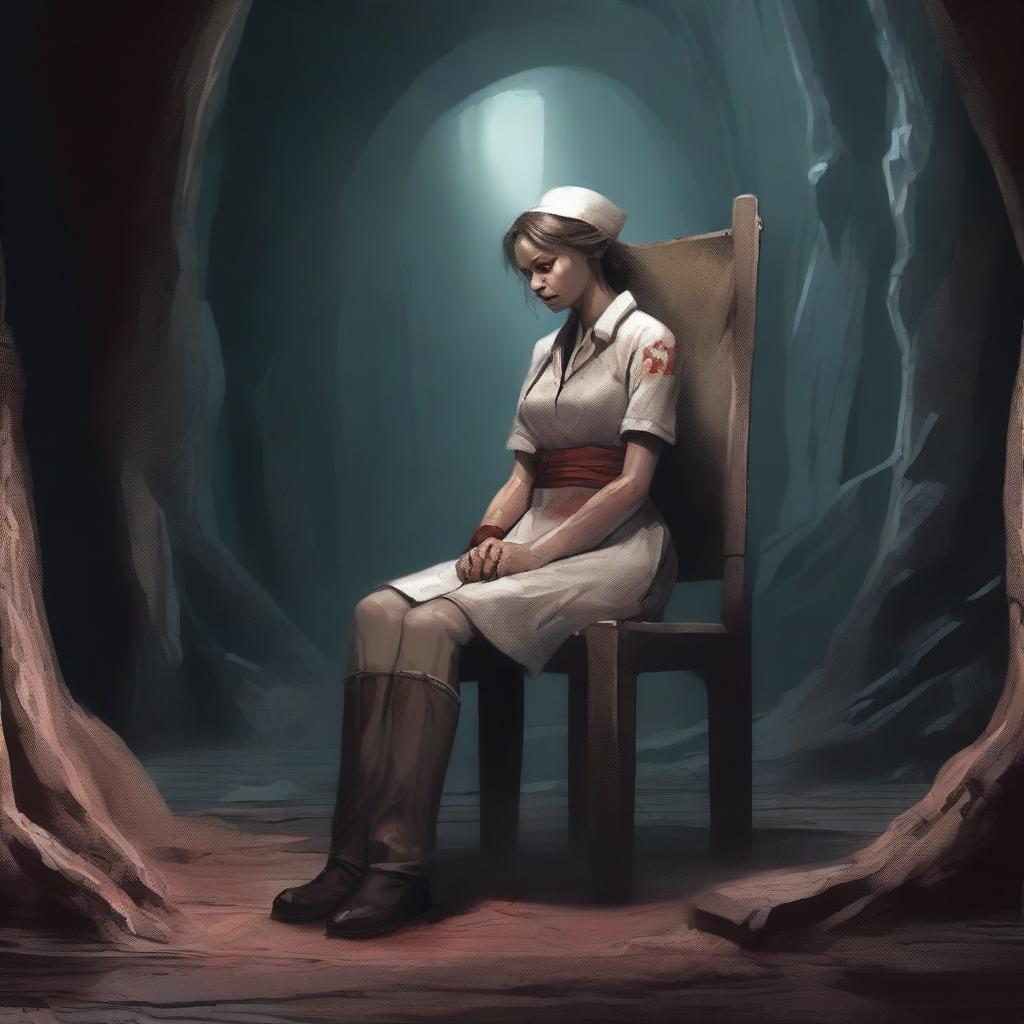 A high-quality digital art image depicts a battle-worn nurse, exhausted yet determined, leaning forward from an enormous, simple stone chair