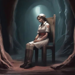 A high-quality digital art image depicts a battle-worn nurse, exhausted yet determined, leaning forward from an enormous, simple stone chair