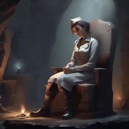 A high-quality digital art image depicts a battle-worn nurse, exhausted yet determined, leaning forward from an enormous, simple stone chair