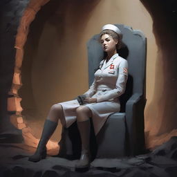 A high-quality digital art image depicts a battle-worn nurse, exhausted yet determined, leaning forward from an enormous, simple stone chair