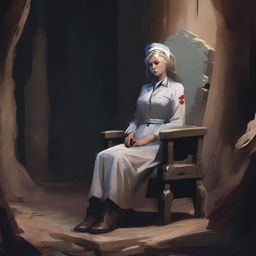 A high-quality digital art image depicts a battle-worn nurse, exhausted yet determined, leaning forward from an enormous, simple stone chair