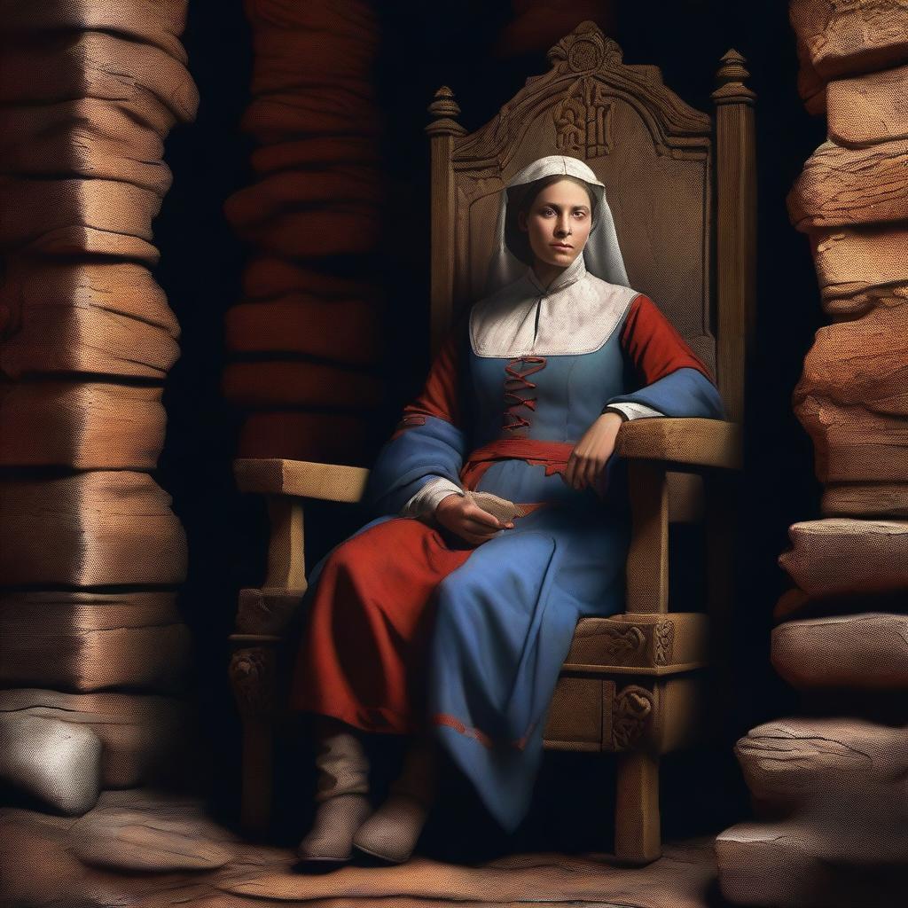 This digital art piece showcases a weary medieval nurse, seated in a monumental chair hewn from stone, within the confines of a vast cavern