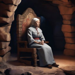 This digital art piece showcases a weary medieval nurse, seated in a monumental chair hewn from stone, within the confines of a vast cavern