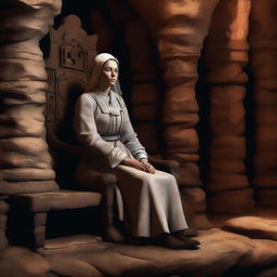 This digital art piece showcases a weary medieval nurse, seated in a monumental chair hewn from stone, within the confines of a vast cavern