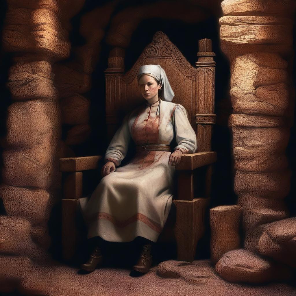 This digital art piece showcases a weary medieval nurse, seated in a monumental chair hewn from stone, within the confines of a vast cavern