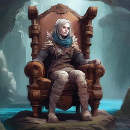 This high-quality digital art depicts a fatigued female adventurer, sinking into a colossal chair crafted from bone