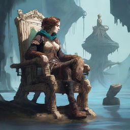 This high-quality digital art depicts a fatigued female adventurer, sinking into a colossal chair crafted from bone