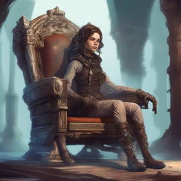 This high-quality digital art depicts a fatigued female adventurer, sinking into a colossal chair crafted from bone