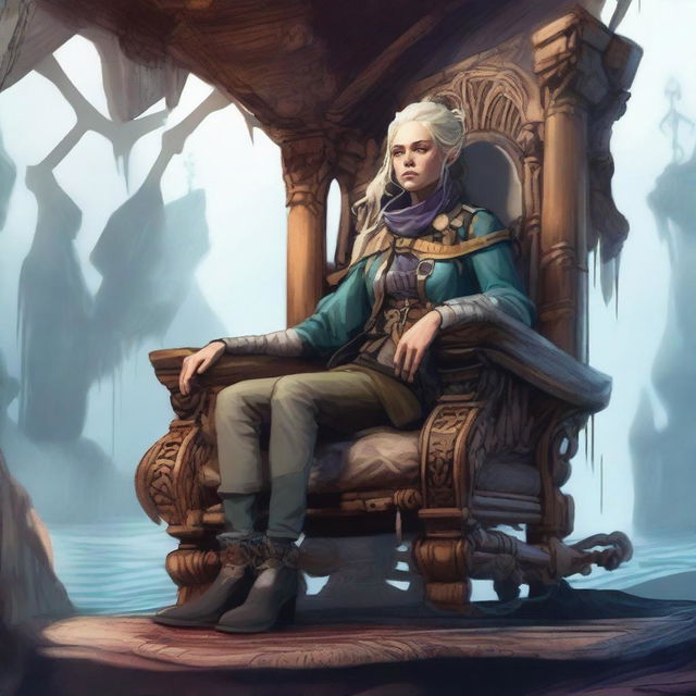 This high-quality digital art depicts a fatigued female adventurer, sinking into a colossal chair crafted from bone