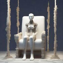 This high-quality digital art showcases a female healer, sitting in a massively oversized, simple square chair made entirely of bone