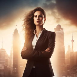 An eBook cover depicting the theme of female entrepreneurship, featuring powerful imagery of a strong, confident woman in a business suit, cityscape in the background, together with empowering symbols of growth and success.