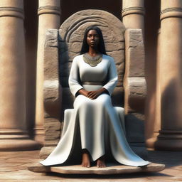 This is a high-quality digital art image that depicts a female healer seated in a massive, simply designed chair made of stone