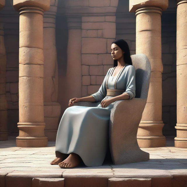 This is a high-quality digital art image that depicts a female healer seated in a massive, simply designed chair made of stone