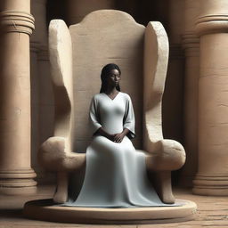 This is a high-quality digital art image that depicts a female healer seated in a massive, simply designed chair made of stone