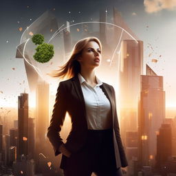 An eBook cover depicting the theme of female entrepreneurship, featuring powerful imagery of a strong, confident woman in a business suit, cityscape in the background, together with empowering symbols of growth and success.