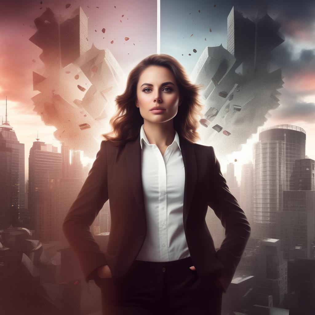 An eBook cover depicting the theme of female entrepreneurship, featuring powerful imagery of a strong, confident woman in a business suit, cityscape in the background, together with empowering symbols of growth and success.