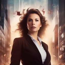 An eBook cover depicting the theme of female entrepreneurship, featuring powerful imagery of a strong, confident woman in a business suit, cityscape in the background, together with empowering symbols of growth and success.