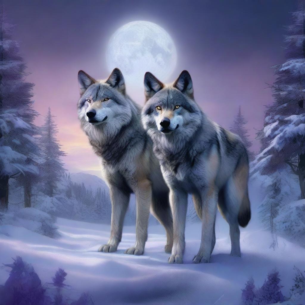 This is a high-quality digital art image that portrays the end of the future, featuring two humanoid wolves