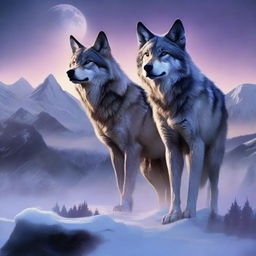 This is a high-quality digital art image that portrays the end of the future, featuring two humanoid wolves