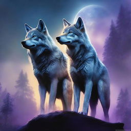 This is a high-quality digital art image that portrays the end of the future, featuring two humanoid wolves