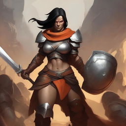 A high-quality digital art image depicts a very muscular yet charismatic female half-orc paladin